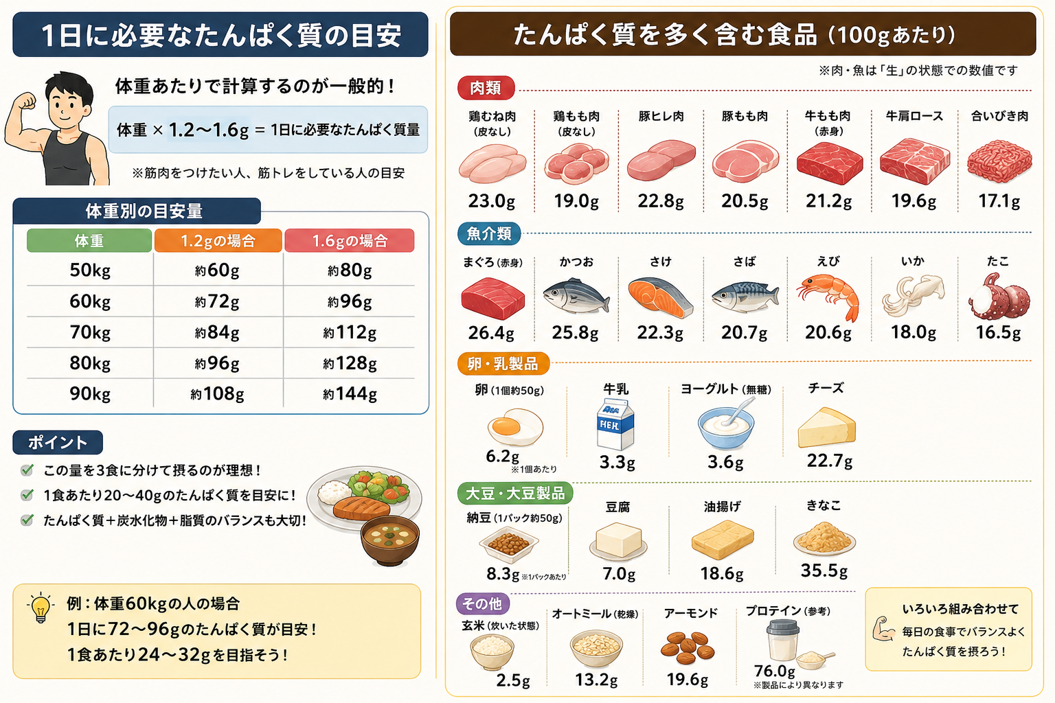1日に必要なたんぱく質の目安と食品ごとのたんぱく質量一覧