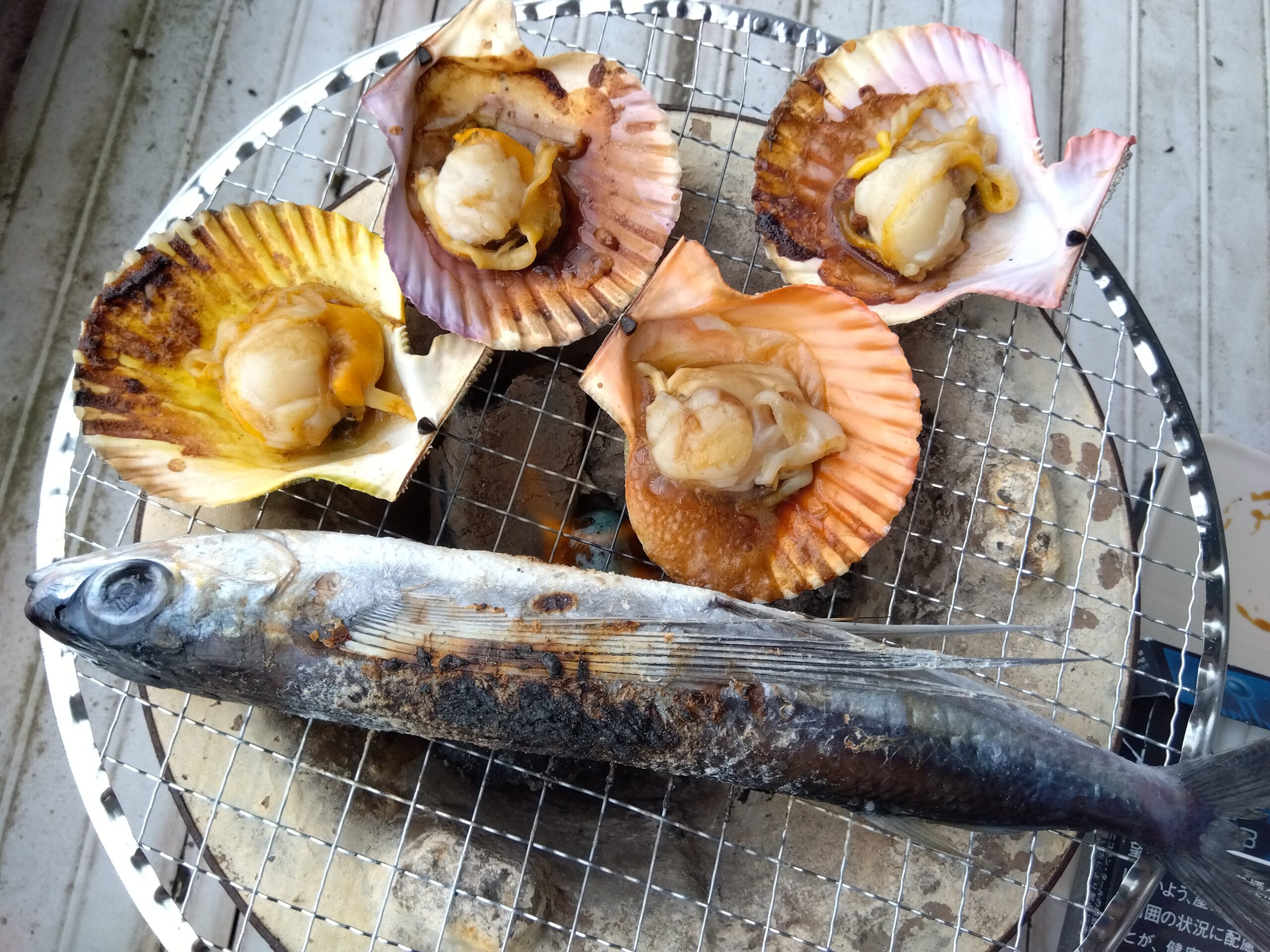 七輪で炭火焼にしているヒオウギ貝とトビウオ