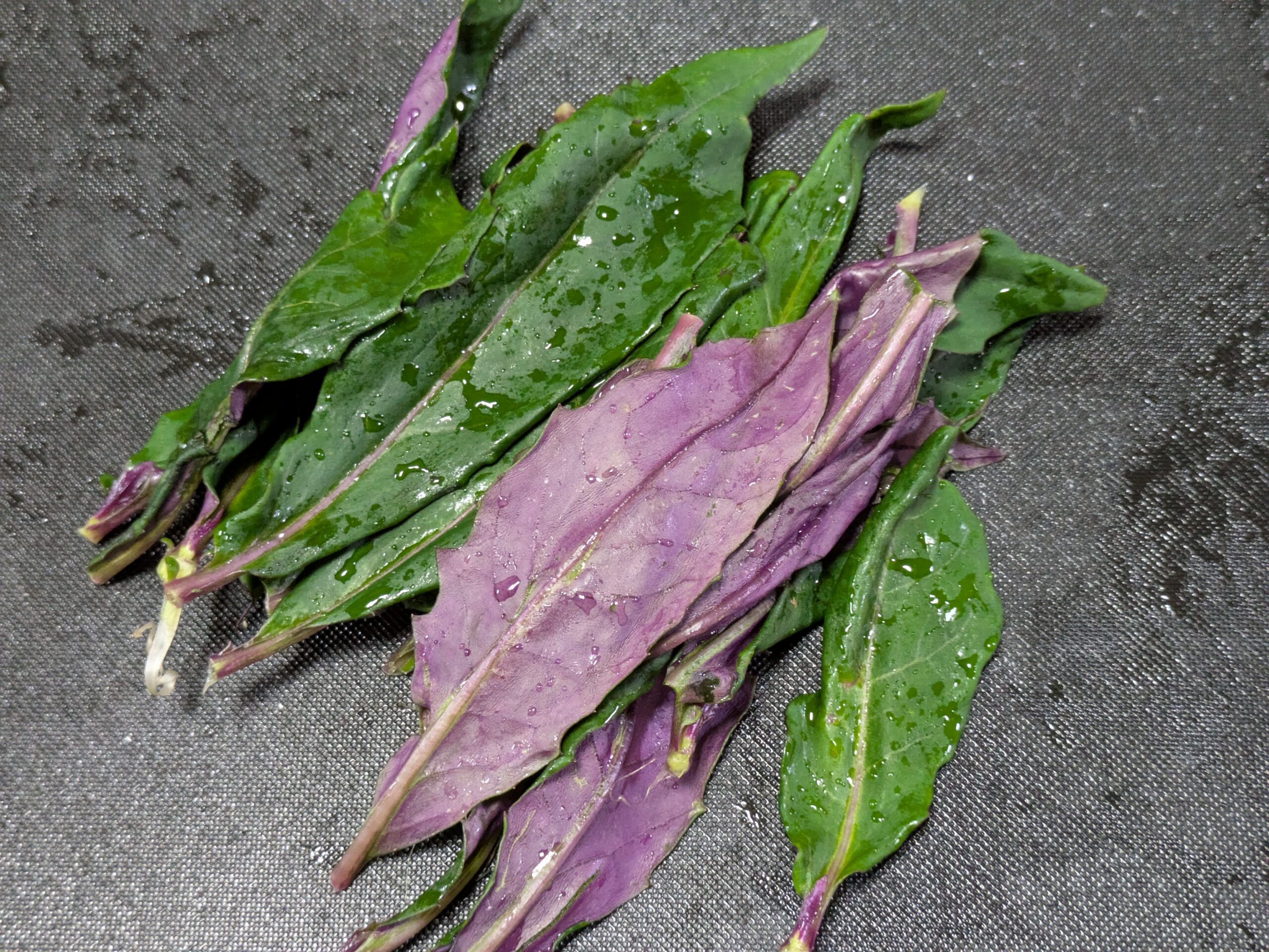 卵とじ丼に使う緑色と紫色の金時草