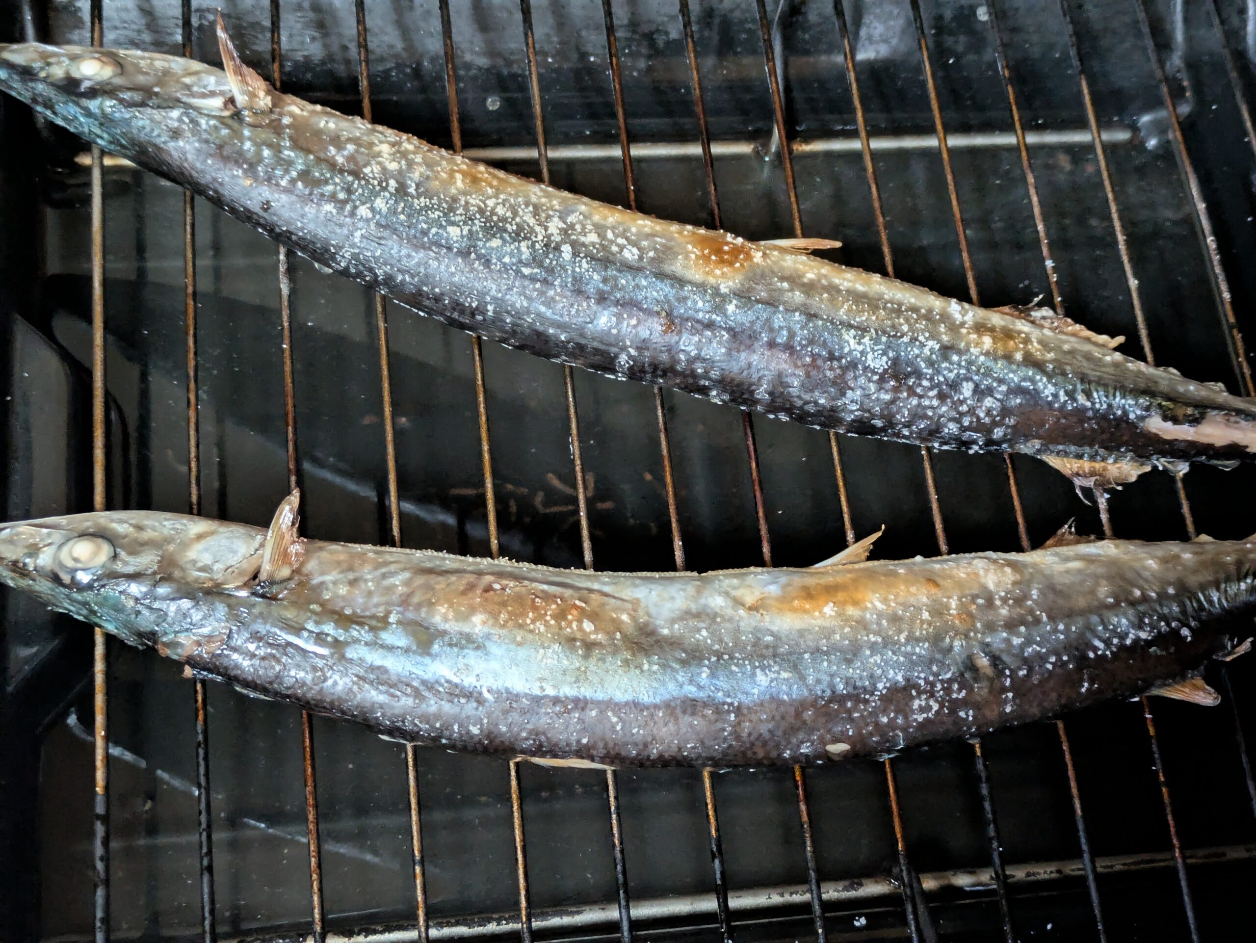 魚焼きグリルで焼いている2本のサンマ