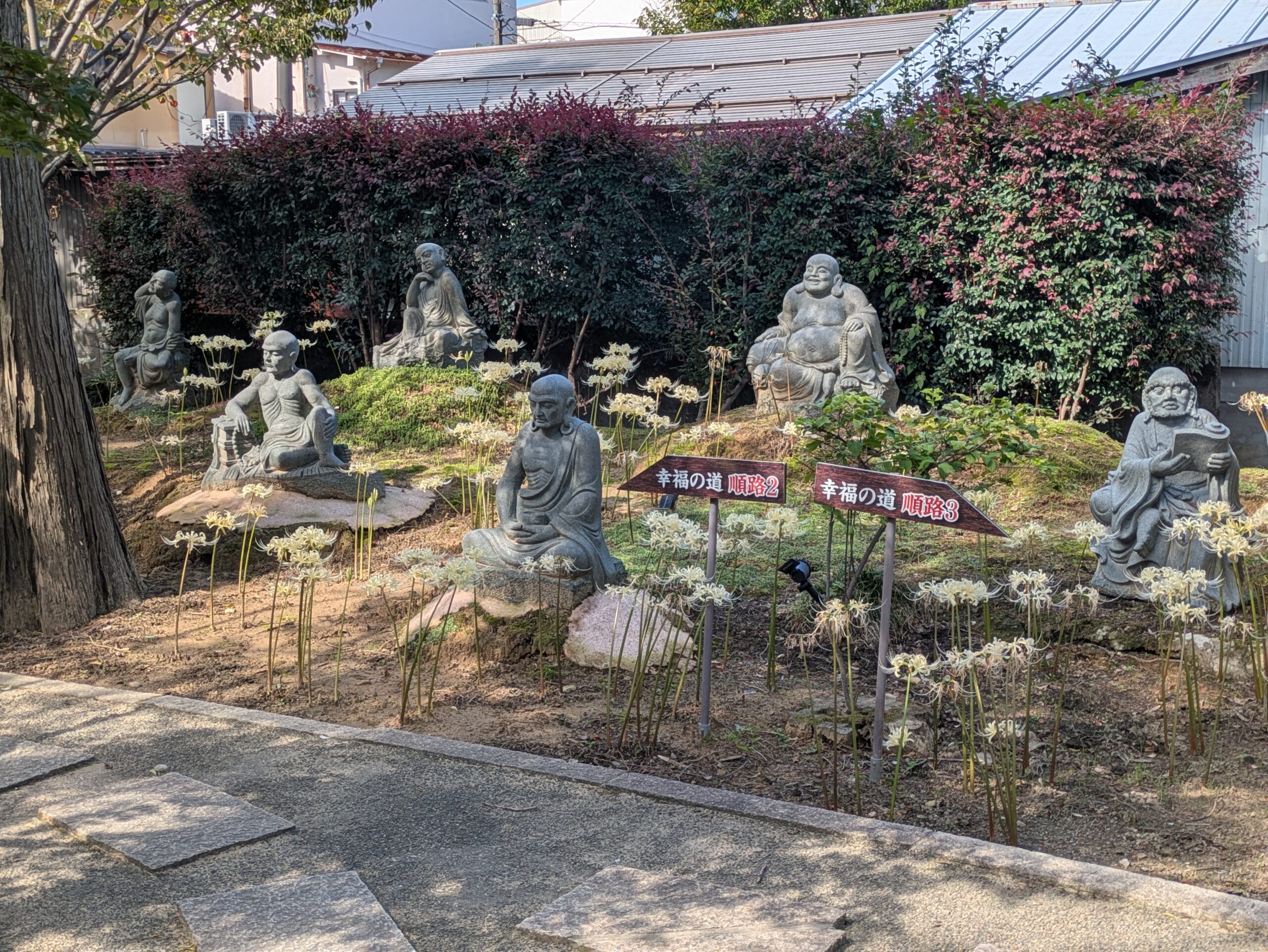 香林寺の庭に並ぶ羅漢像と白い彼岸花