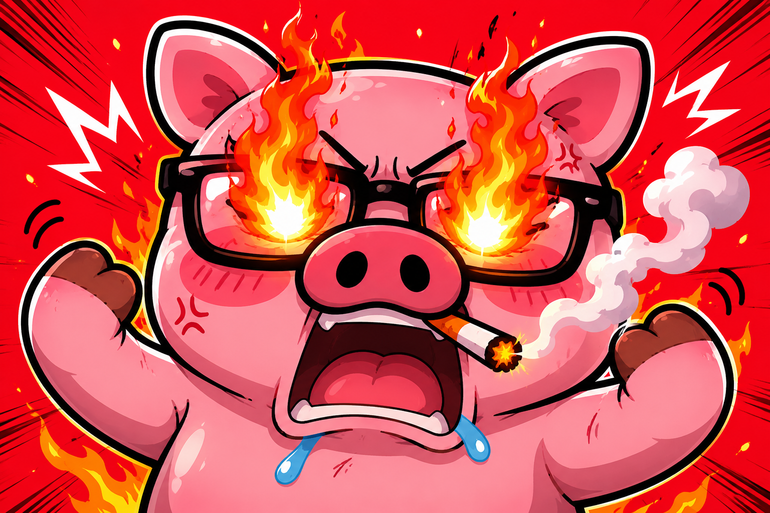 炎の目で叫びながら力む眼鏡豚キャラクターのイラスト