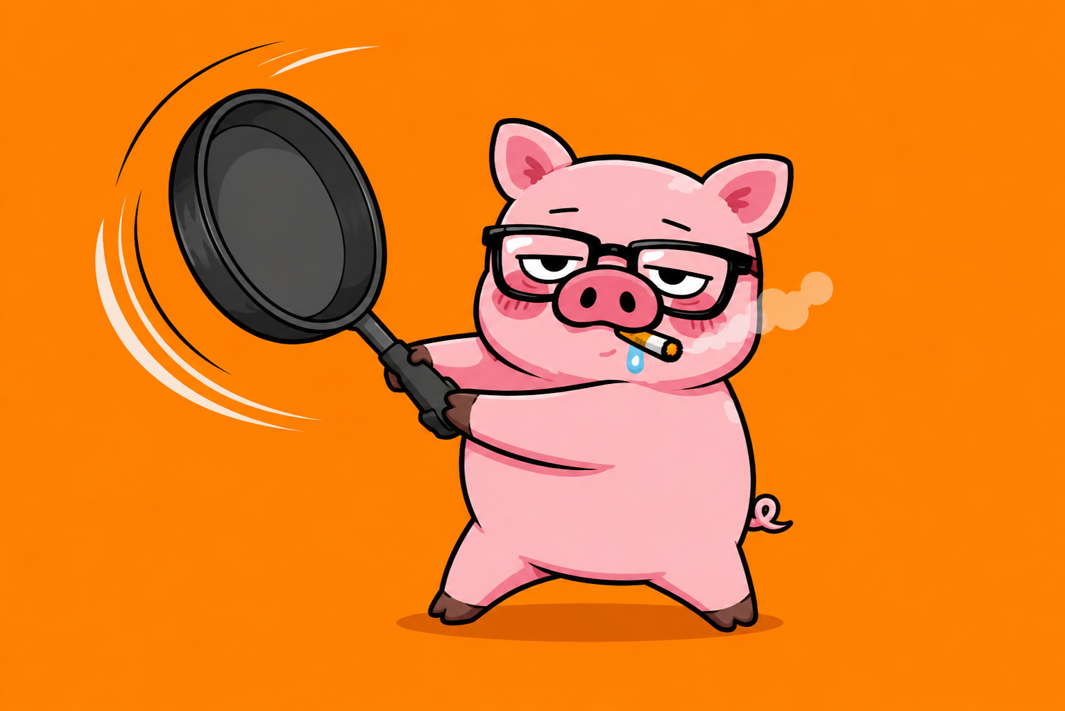 オレンジ色の背景の中でフライパンをバットのように振り回している眼鏡豚キャラクターのイラスト
