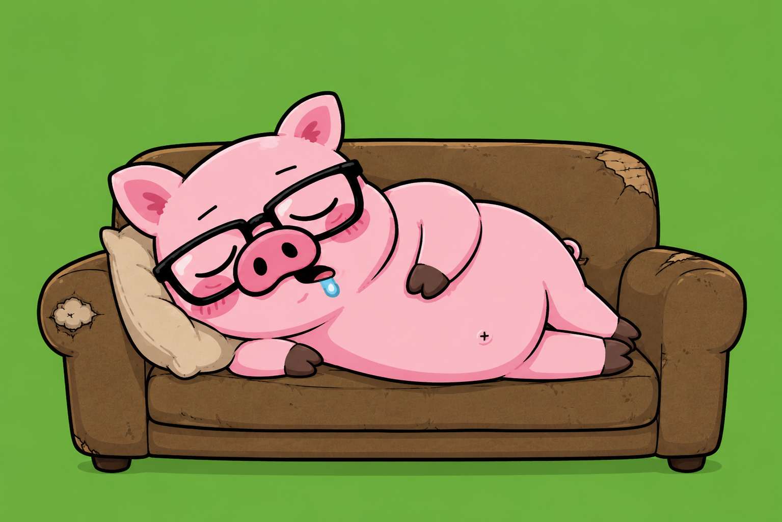 緑色の背景の中で古いソファに寝転がりながら眠っている眼鏡豚キャラクターのイラスト