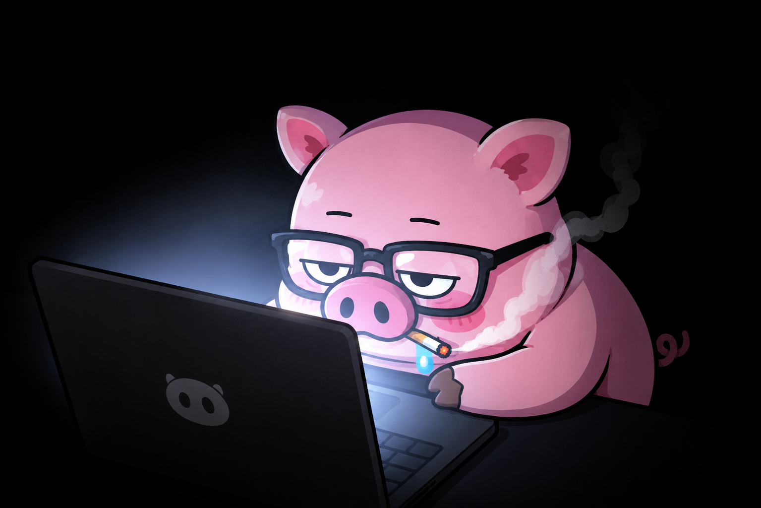 黒い背景の中でパソコン画面にかじりつきながらゲームをする眼鏡豚キャラクターのイラスト