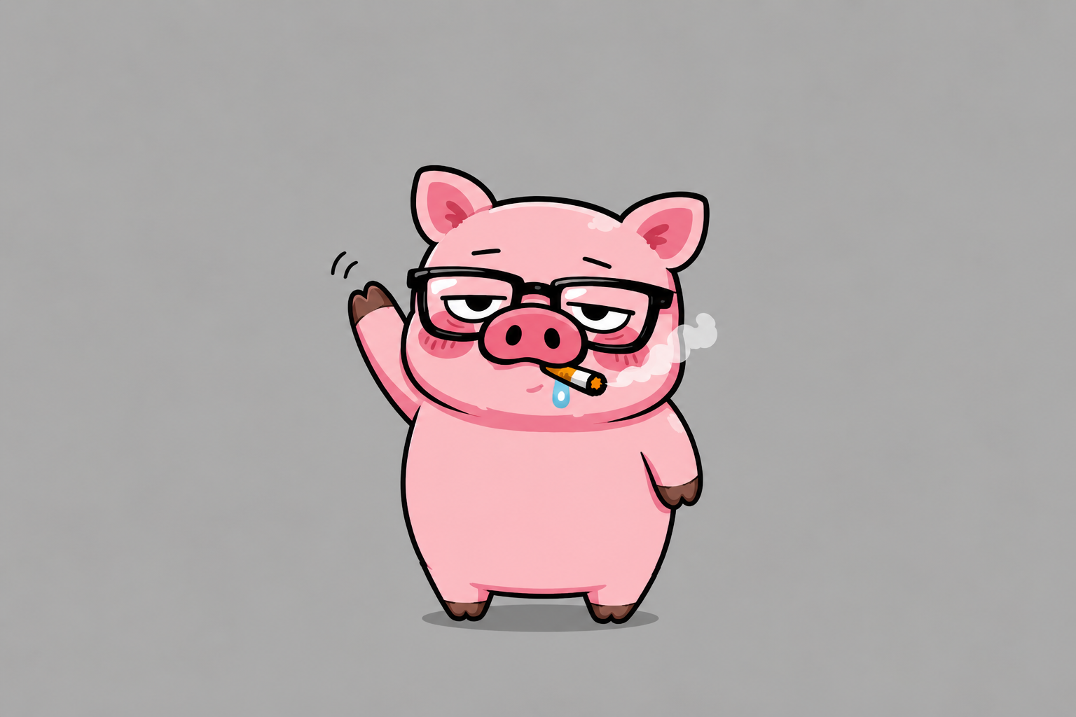 眼鏡をかけてタバコを吸いながら手を振る豚キャラクターのイラスト