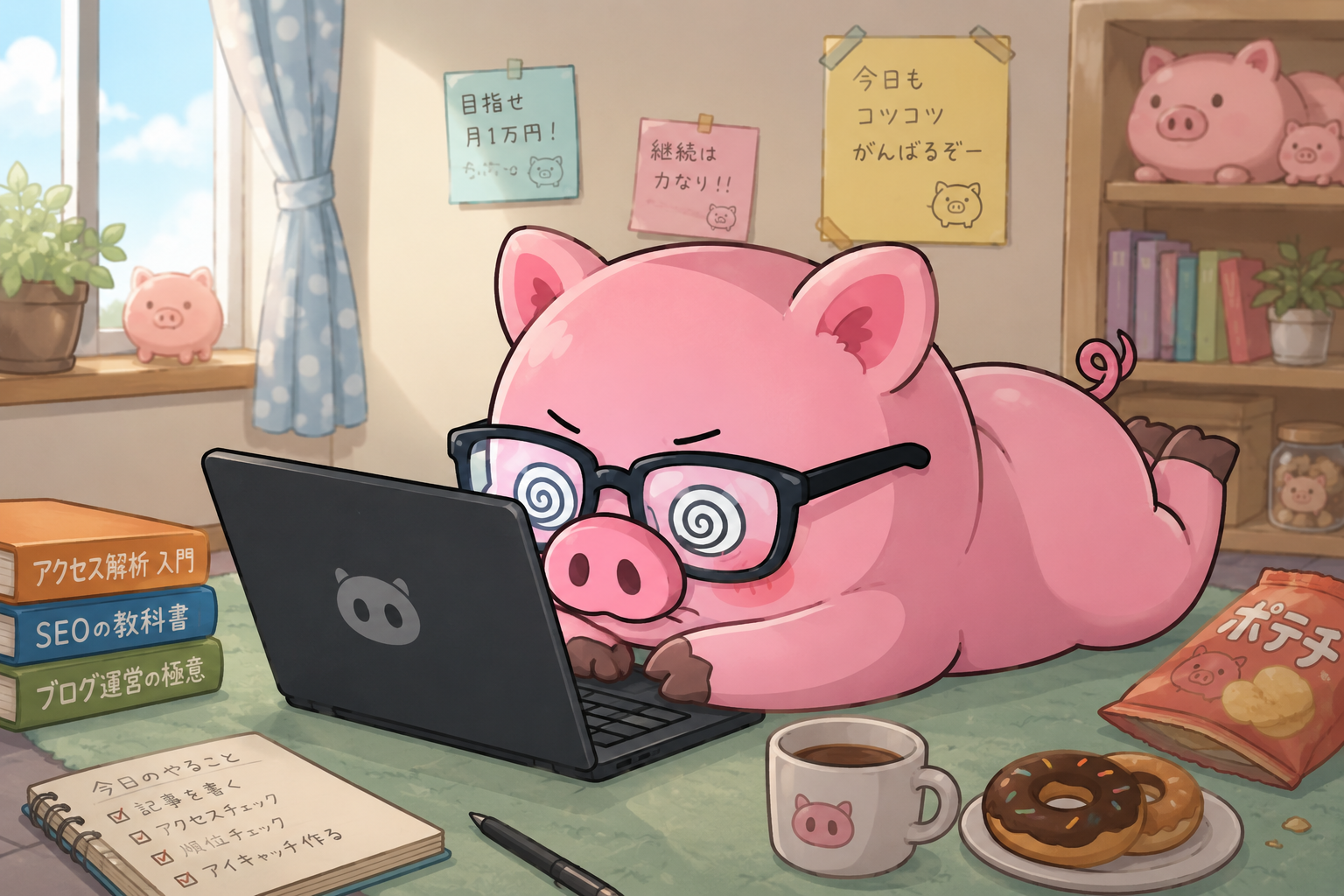 ぐるぐる眼鏡をかけた豚がノートパソコンでサイト運営やブログ作業をしているイラスト