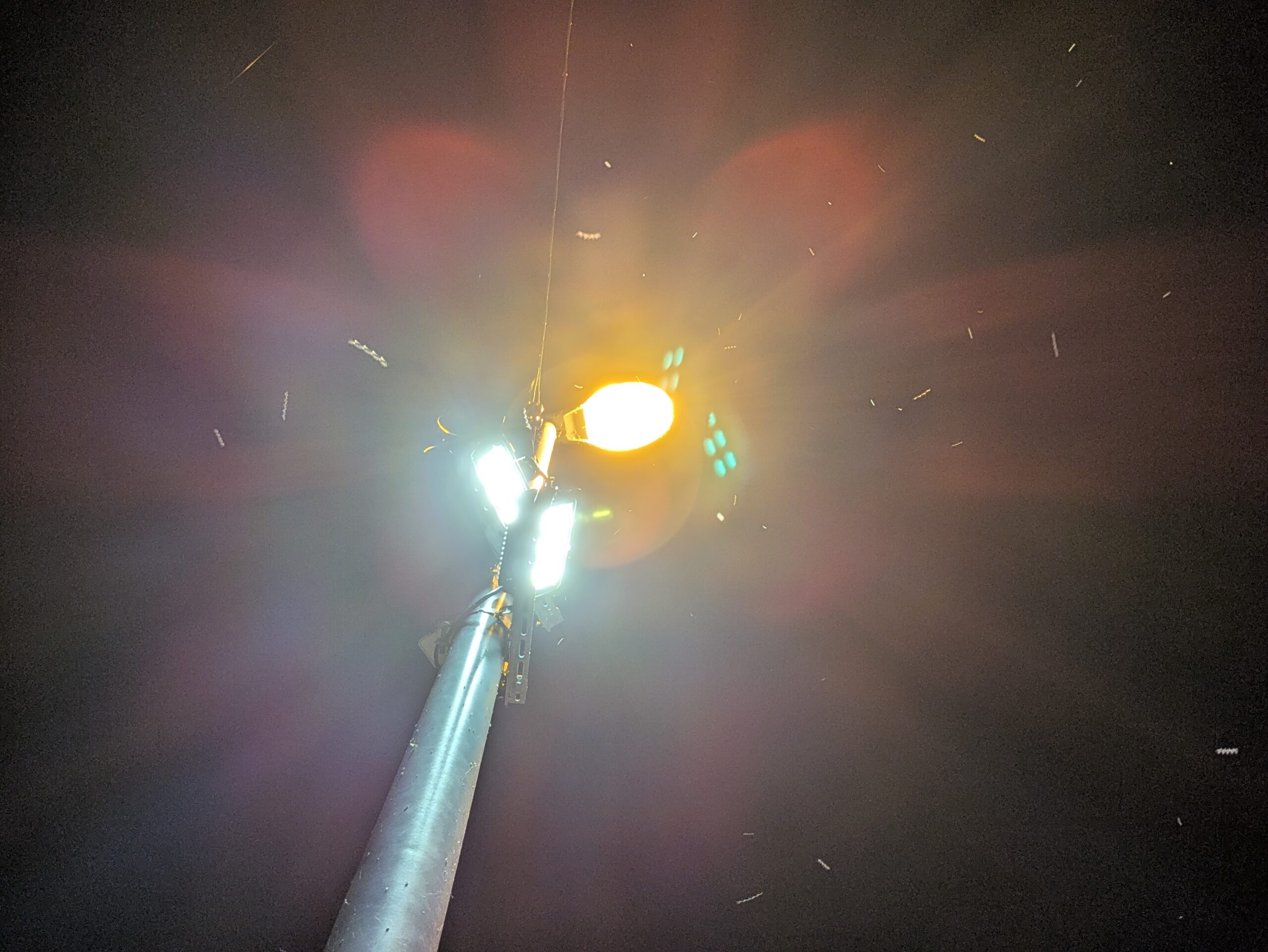 夜の山間で昆虫が集まっていた高い街灯