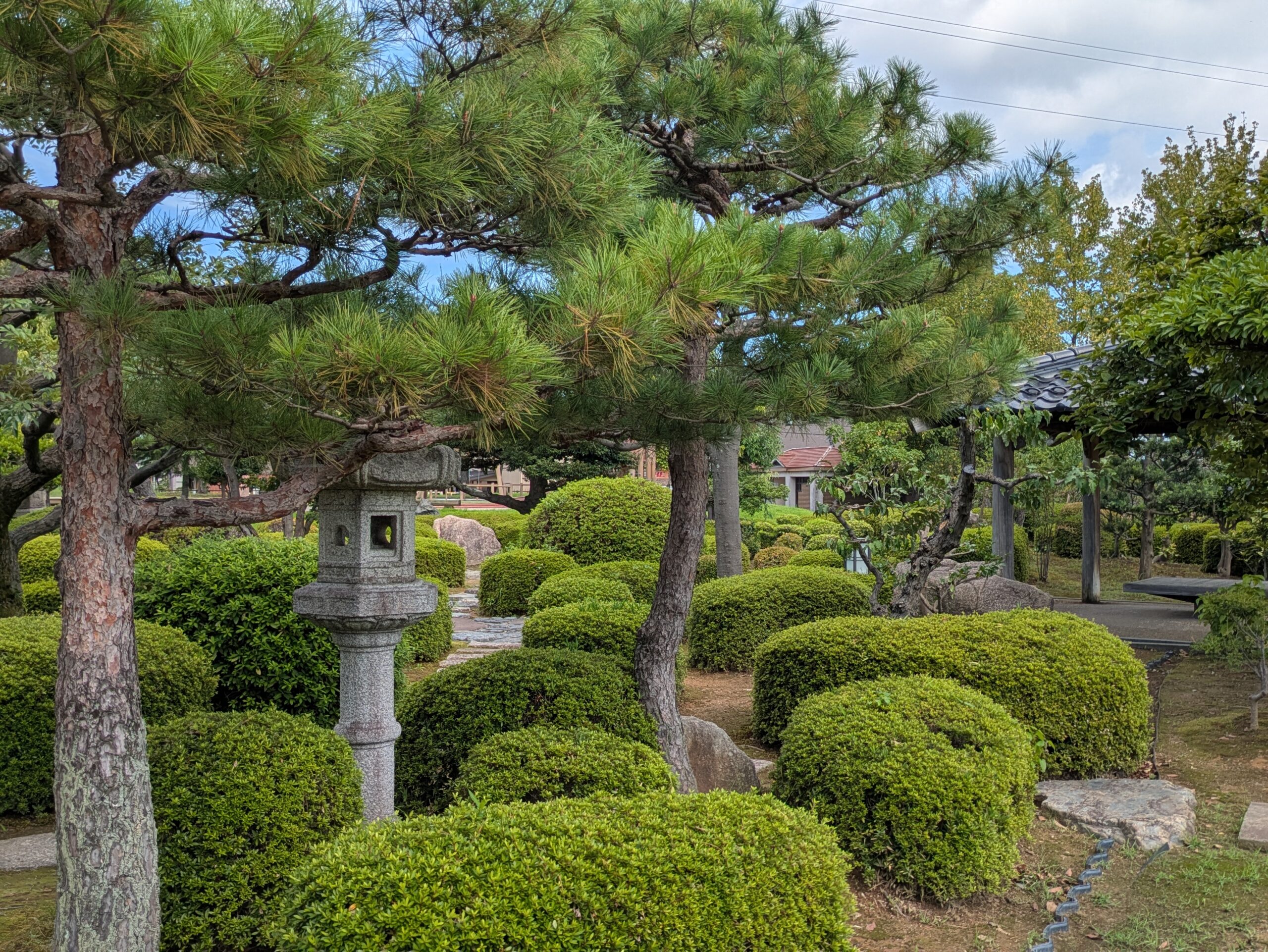 姉妹都市公園金沢市エリアの松と石灯籠がある日本庭園