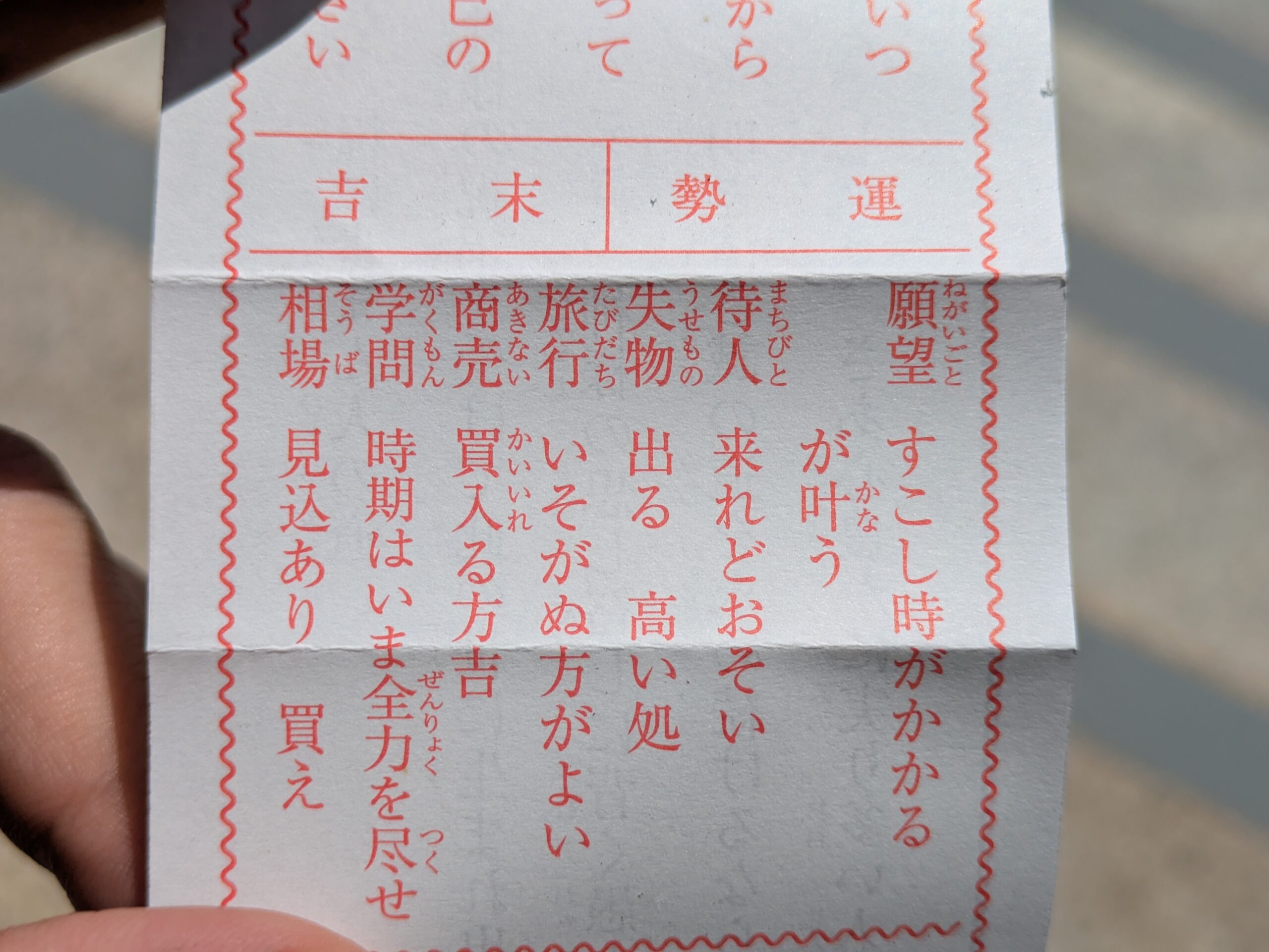 大野日吉神社で引いた末吉のおみくじ