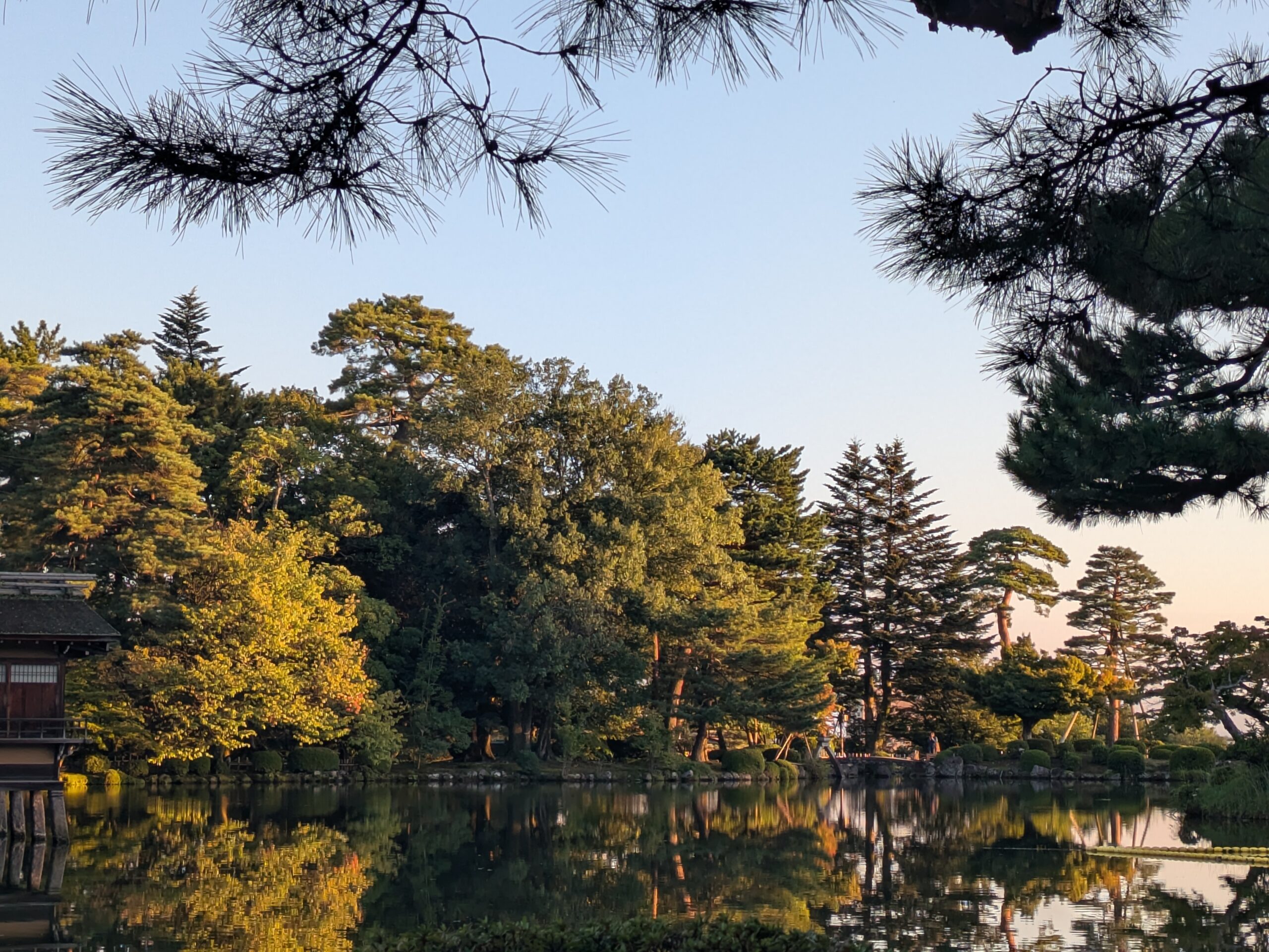 朝日に照らされた10月の兼六園の霞ヶ池と水面に映る木々