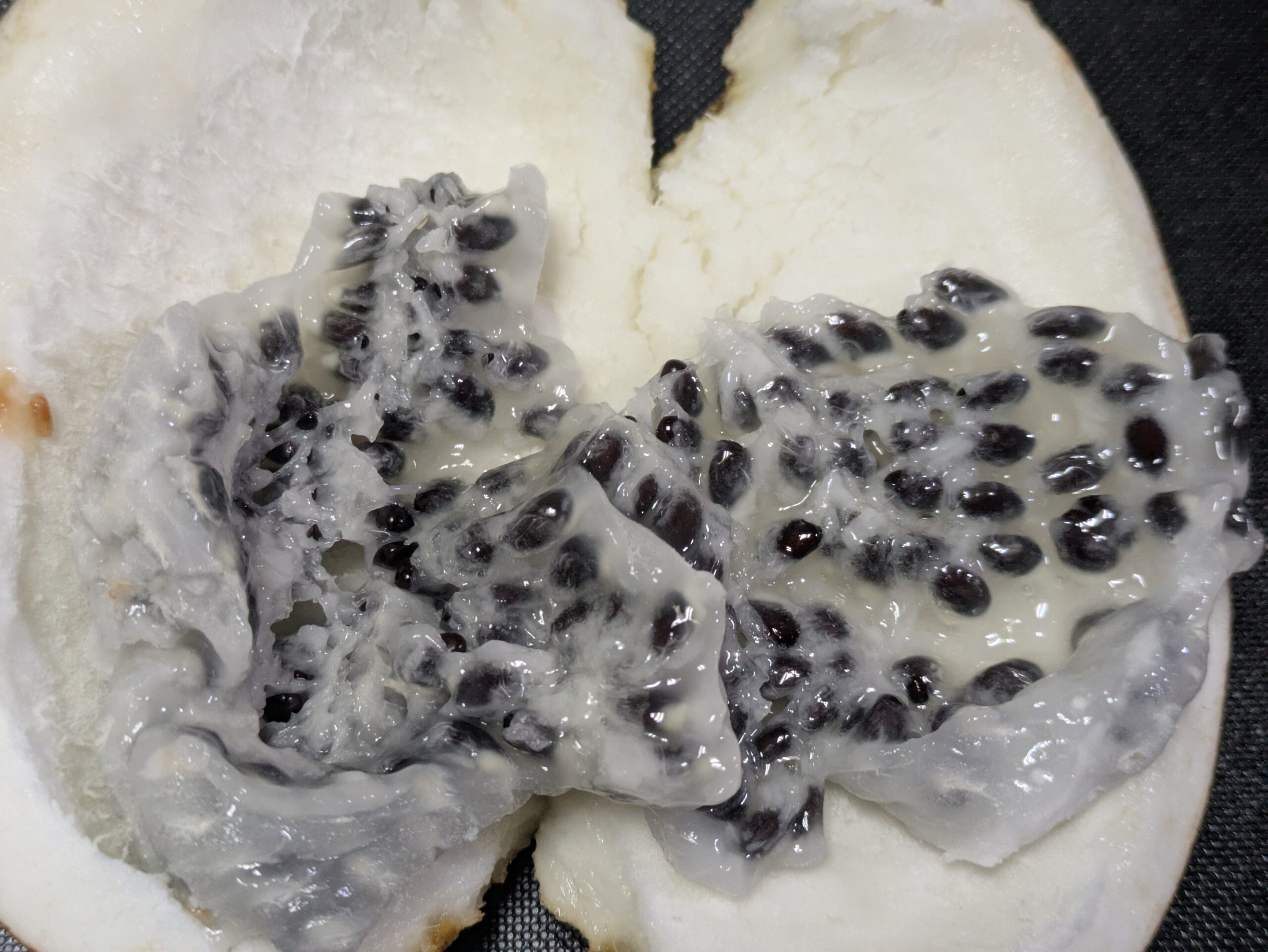 アケビの半透明な果肉を崩して中の黒い種を露出させた様子