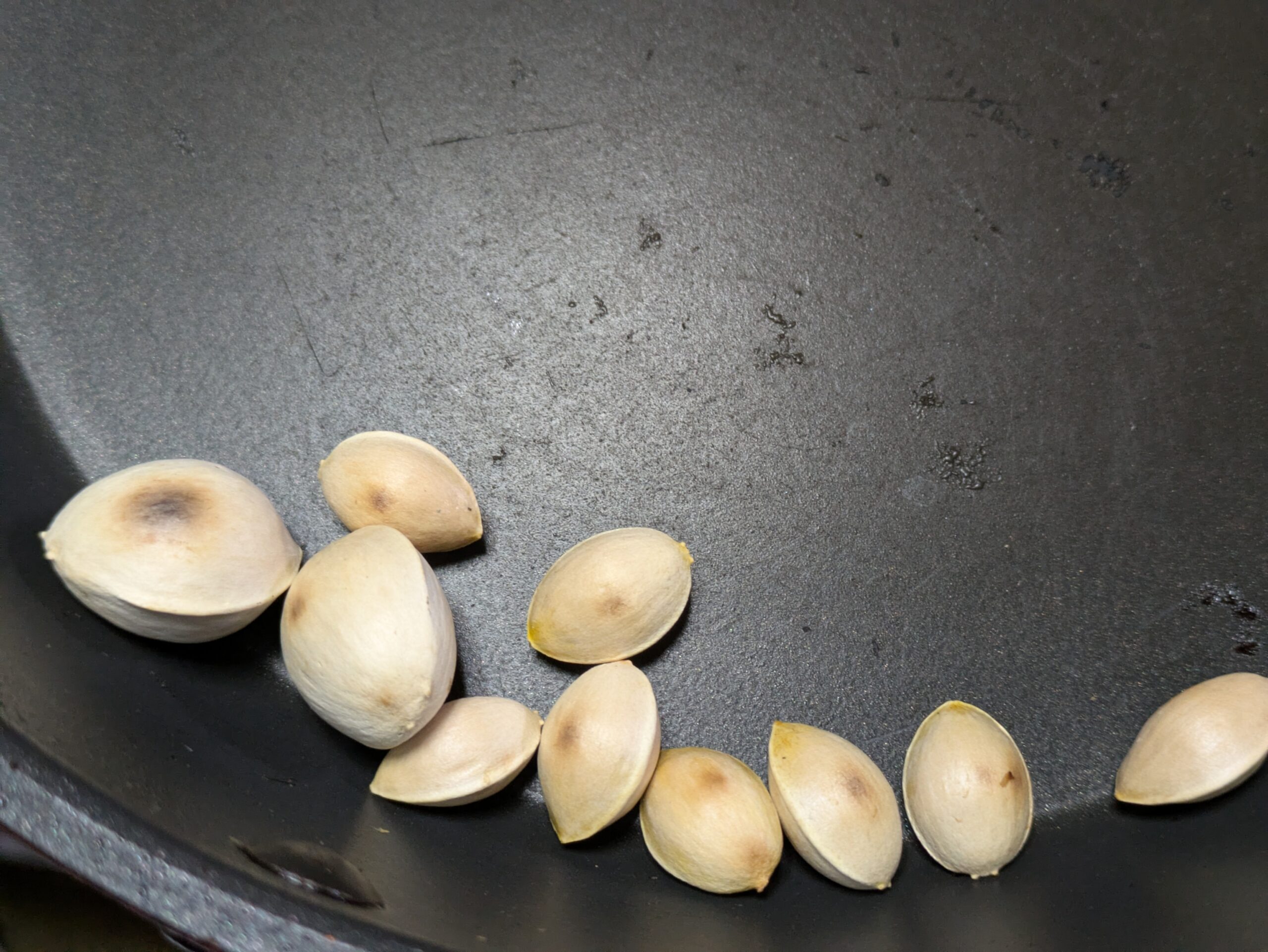 フライパンで炒った銀杏の殻に焼き色がついた様子
