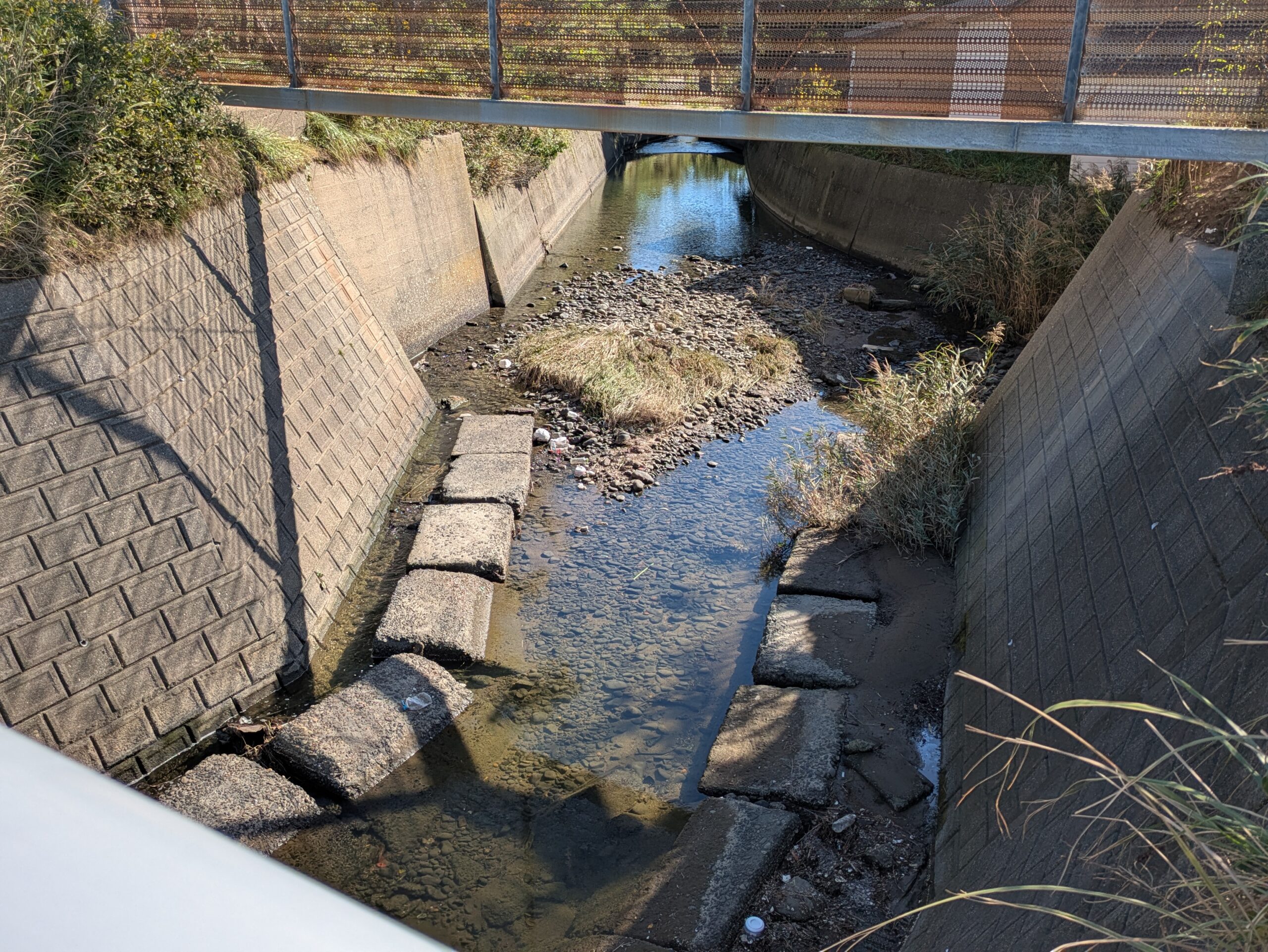 相川新町の水量が少ない川と石の多い川底
