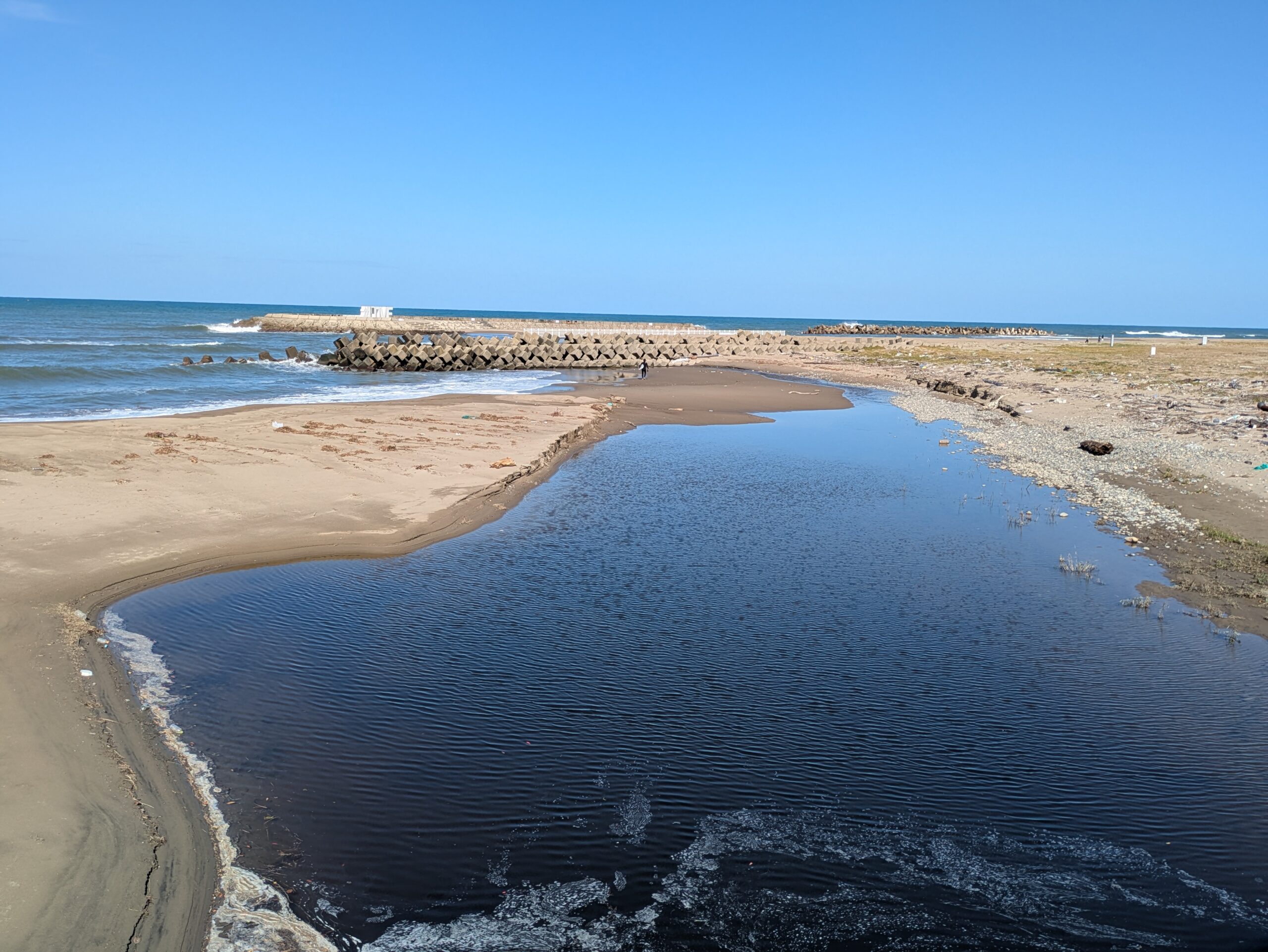 大川河口の川幅が広い水面と日本海へ続く河口